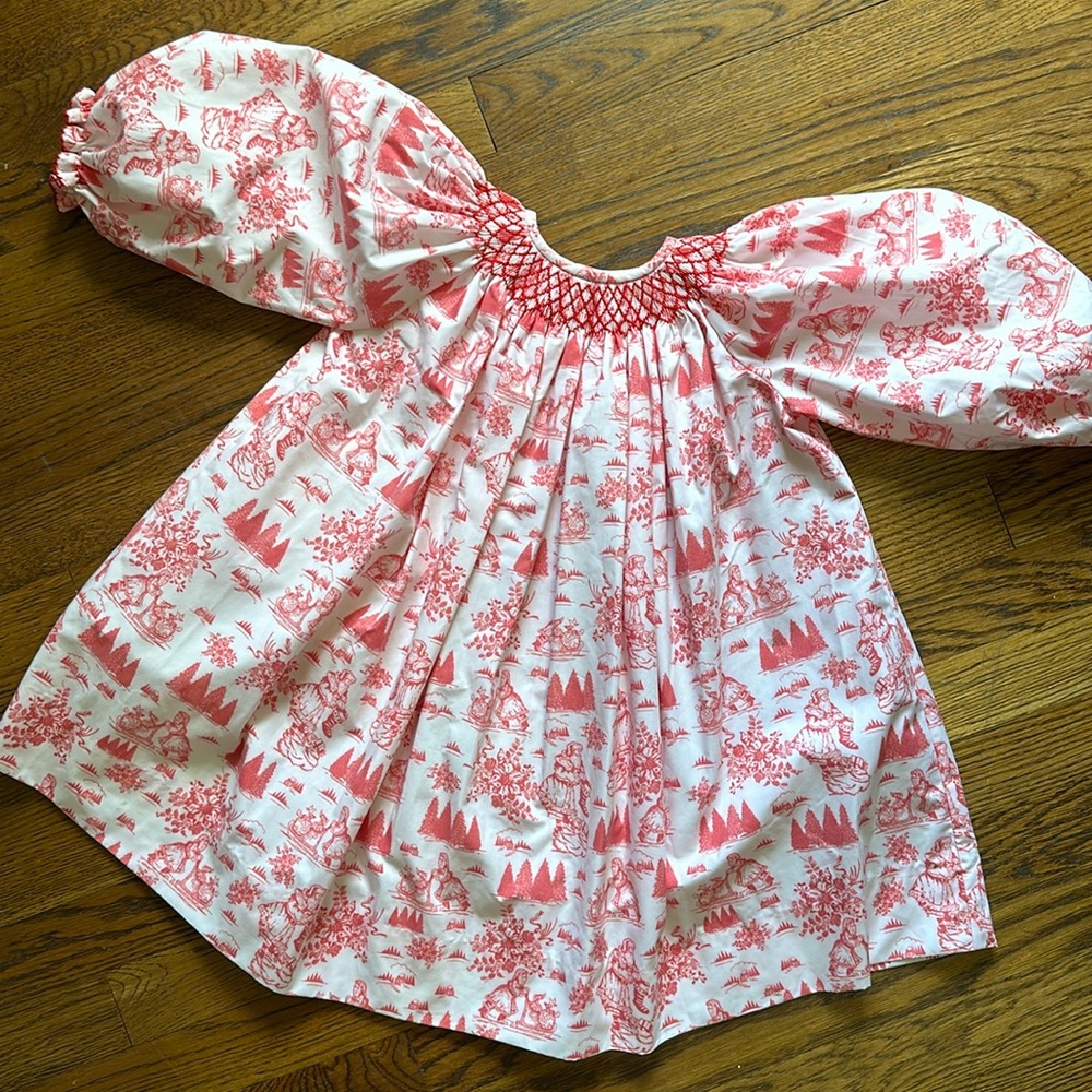 Boutique girls 3t smocked red white Christmas Santa toile classic dress